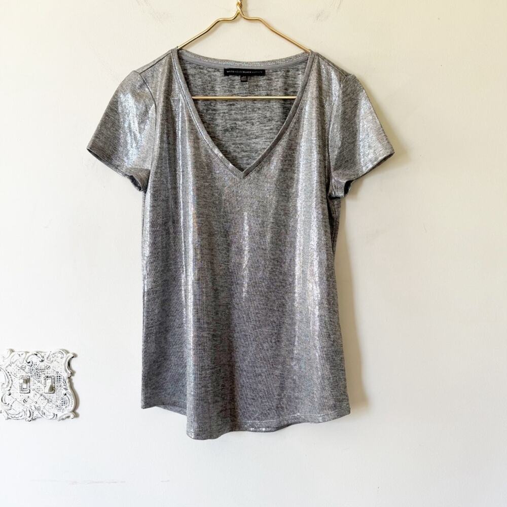NWOT White House Black Market Silver Metallic V Neck T Shirt S - Picture 3 of 9